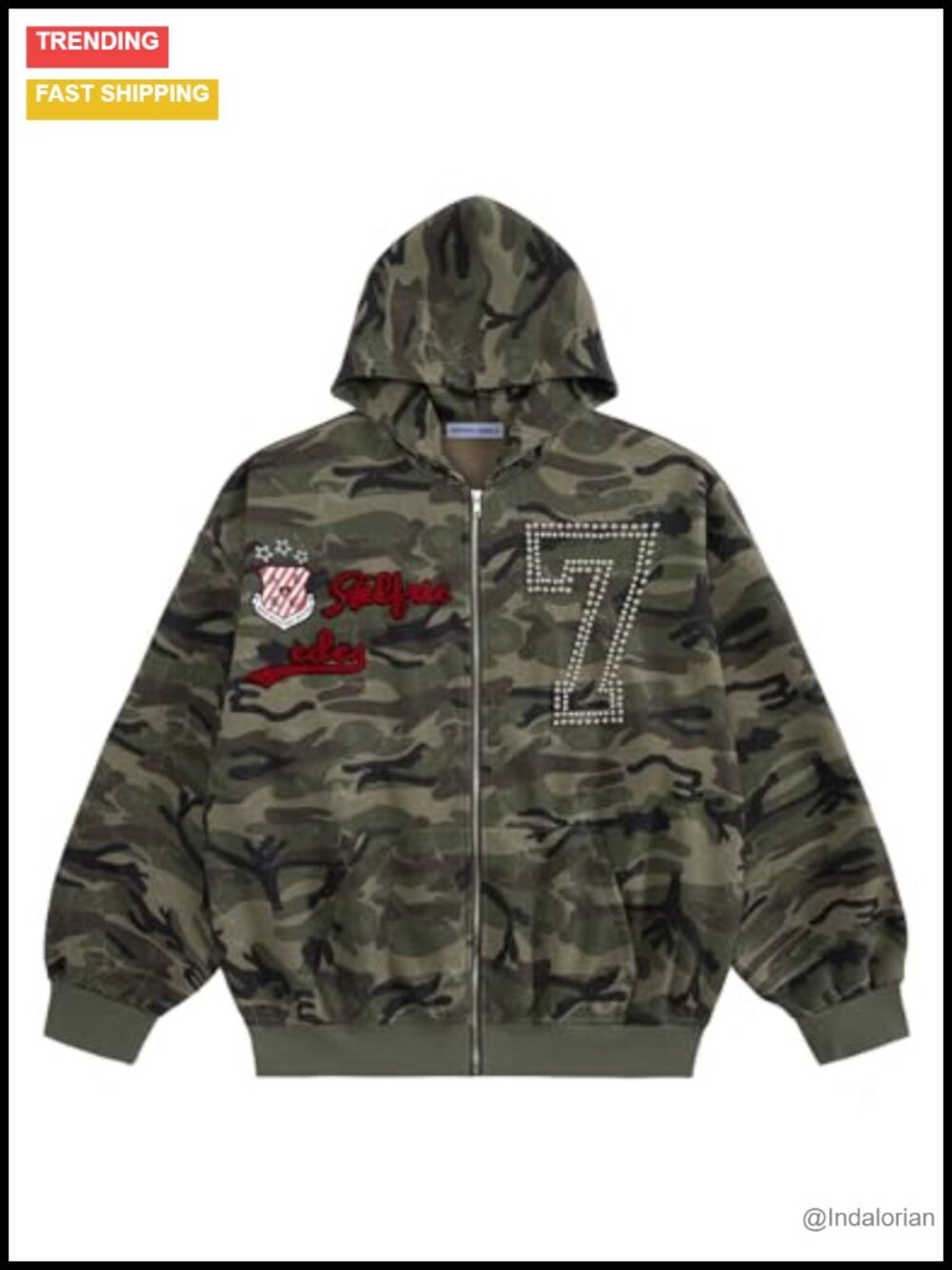 Oversized Zip Up Hoodie with Studded Camo Graphic for Women